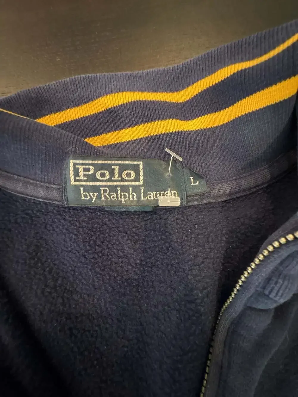 Ralph Lauren Vintage Navy Blue Quarter Zip Pullover Sweater Striped yellow Colla